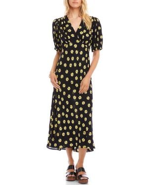 Karen Kane Daisy Print Puff Sleeve Midi Dress - Black