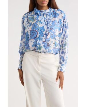 Diane von Furstenberg Sophia Floral Long Sleeve Cotton & Silk Button-Up Top - Blue