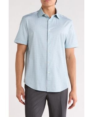 Bugatchi Plaid Stretch Cotton Short Sleeve Button-Up Shirt - Blue