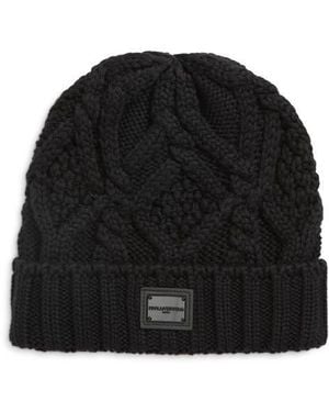 Karl Lagerfeld Gunmetal Logo Cable Knit Beanie - Black