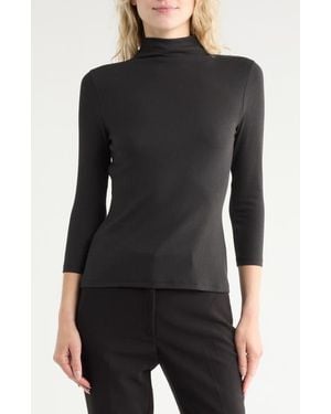 Nordstrom Three-Quarter Sleeve Stretch Pima Cotton Mock Neck T-Shirt - Black