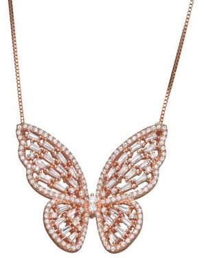 FZN Sterling Cubic Zirconia Butterfly Necklace - Pink