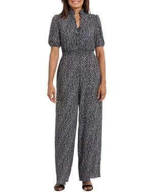 London Times Puff Sleeve Front Zip Jumpsuit - Black