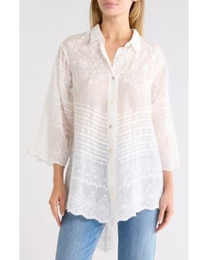 Forgotten Grace Embroidered Cotton Three-Quarter Sleeve Shirt - White