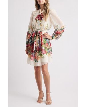 Julia Jordan Floral Print Tie Neck Long Sleeve Dress - Multicolor