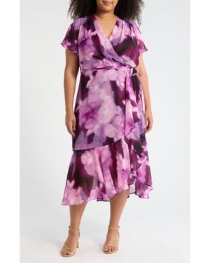 DKNY Flutter Sleeve Faux Wrap Dress - Purple