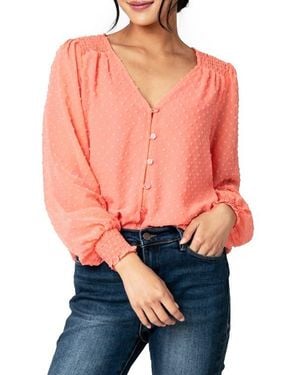 Gibsonlook Pin Dot Smocked Detail V-Neck Blouse - Orange