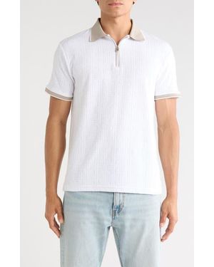 Denim and Flower Textured Zip Polo - White