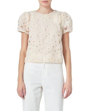 Endless Rose Faux Pearl Texture Puff Sleeve Top - White