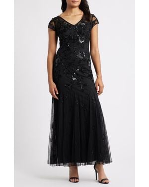 Pisarro Nights Embellished Illusion Sleeve Cocktail Dress - Black