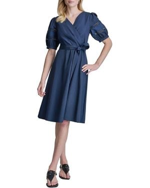 DKNY Lace Trim Faux Wrap Dress - Blue