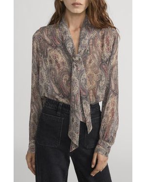 FRAME The Paisley Tie Neck Silk Shirt - Brown