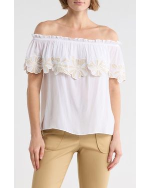 Ramy Brook Terri Embroidered Floral Ruffle Off The Shoulder Top - White