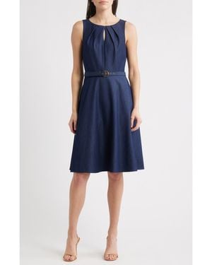 Tahari Sleeveless Belted Fit & Flare Dress - Blue