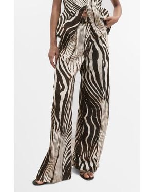 Mango Zebraprint Linen & Cotton Straight Leg Pants - Brown