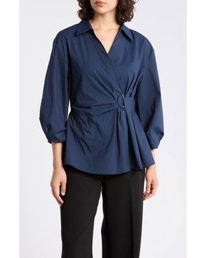 Gemma Jane Draped D-Ring Faux Wrap Top - Blue
