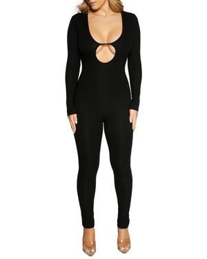 Naked Wardrobe Binding Deep Keyhole Long Sleeve Jumpsuit - Black