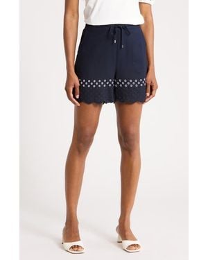 Ellen Tracy Scalloped Eyelet Drawstring Shorts - Blue