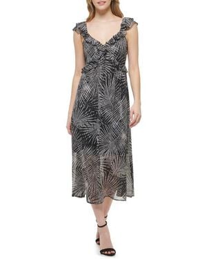 Kensie Palm Print Ruffle Empire Waist Chiffon Midi Dress - Multicolor