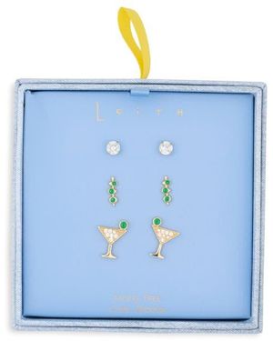 Leith Set Of 3 Cubic Zirconia Martini Stud Earrings - Blue