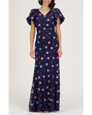 JS Collections Jade Floral Appliqué Gown - Blue