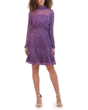 Kensie High Neck Shimmer Long Sleeve Dress - Purple