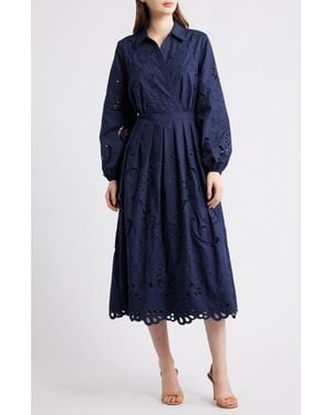 Tahari Zoya Long Sleeve Cotton Blend Shirtdress - Blue