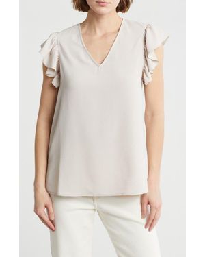Adrianna Papell Flutter Sleeve Crinkled Satin Blouse - Natural