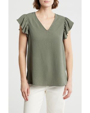 Adrianna Papell Flutter Sleeve Crinkled Satin Blouse - Green