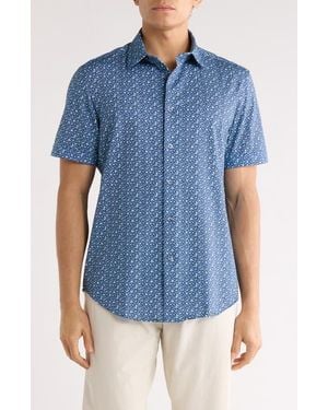 Bugatchi Floral Print Short Sleeve Button-Up Shirt - Blue