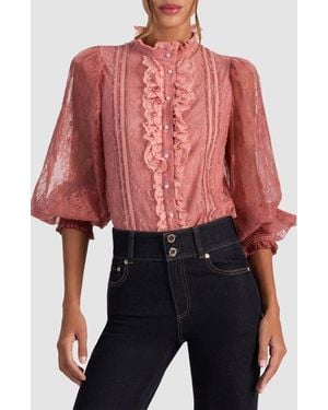 Alice + Olivia Eugenia Mock Neck Lace Detail Top - Red