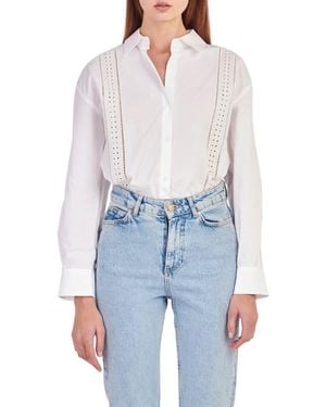 English Factory Eyelet Detail Cotton Button-Up Shirt - Blue