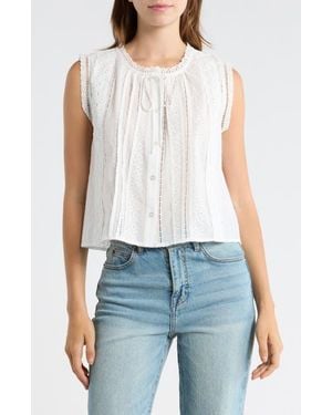 Lush Embroidered Sleeveless Cotton Button-Up Top - White