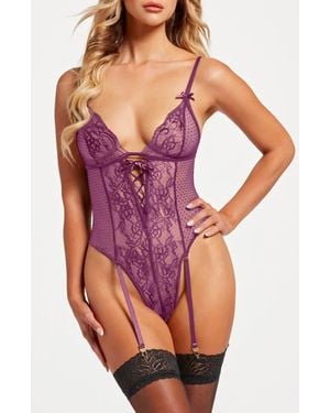Seven 'til Midnight Lace Dot Mesh Teddy With Garter Straps - Purple