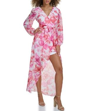 Siena Jewelry Long Sleeve Floral Faux Wrap Dress - Pink
