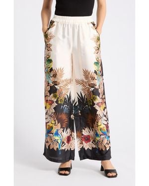 Tahari Tropical Print Side Border Wide Leg Pants - Black