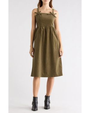 Wishlist Corduroy Bow Strap Overalls Midi Dress - Natural