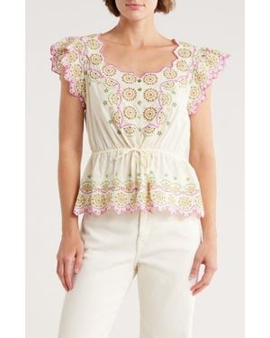 Democracy Embroidered Peplum Top - Natural