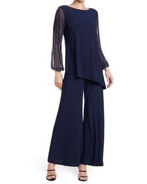 Marina Beaded Sleeve 2-Piece Pant Set - Blue