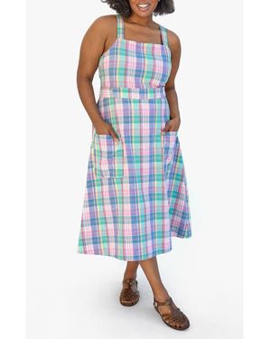 Clare V. Lisette Madras Plaid Cotton & Linen Blend Midi Dress - Blue