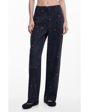 Desigual Check & Cherry Stretch Cotton Twill Pants - Blue