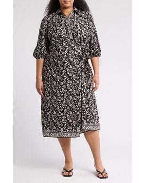 Max Studio Floral Puff Sleeve Midi Wrap Shirtdress - Black