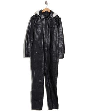 Longchamp Croc Embossed Leather Pants With Shearling Trim - Black