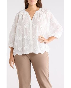 INDUSTRY REPUBLIC CLOTHING Floral Elbow Sleeve Cotton Button-Up Top - White