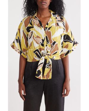 Pleione Front Tie Textured Popover Top - Metallic