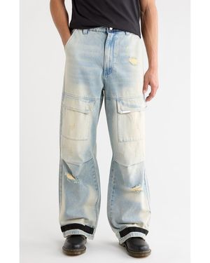 RTA Wylie Distressed Relaxed Leg Cargo Jeans - Blue