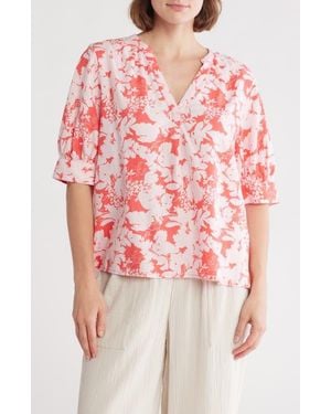 Caslon Floral Elbow Sleeve Linen Blend Popover Top - Red