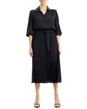Max Studio Three-Quarter Sleeve Satin Midi Shirtdress - Black