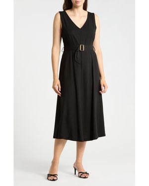 Ellen Tracy V-Neck Sleeveless Belted Midi Dress - Black