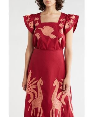 Tahari Ruffle Sleeve Embroidered Crop Top